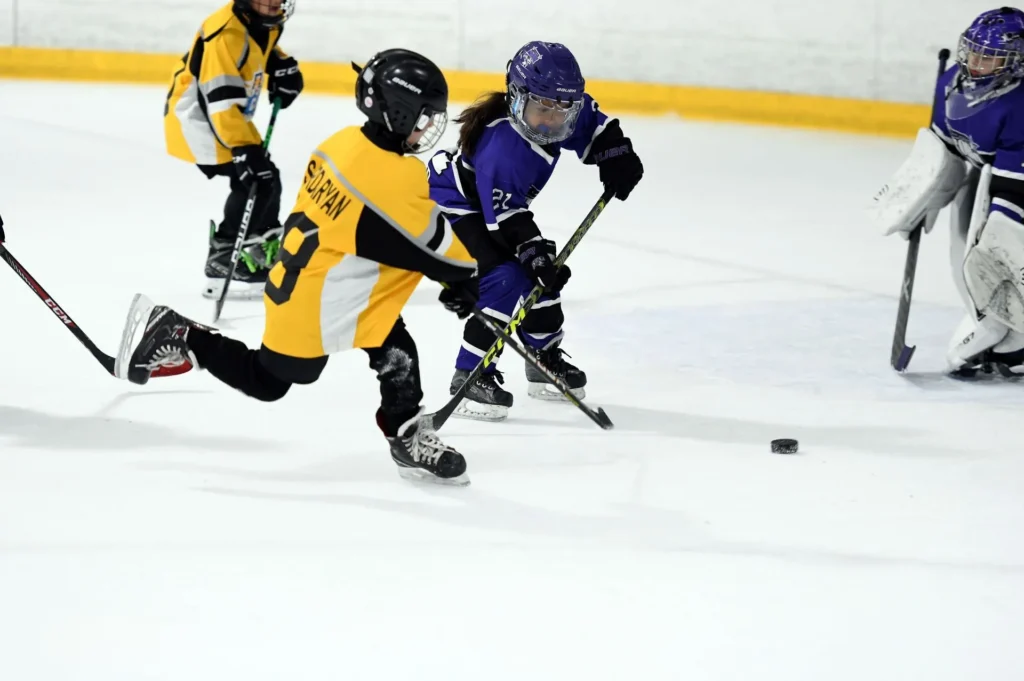 8U hockey players competing during a game at Las Vegas Ice Center